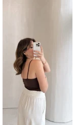 Uzun Göğüs Pedli İnce Askılı Body - Kahverengi