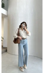 Ultra Yüksek Bel Kemerli Likralı Denim Jean Pantolon - Buz Mavisi - Kod: 1818