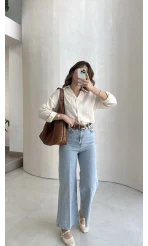 Ultra Yüksek Bel Kemerli Likralı Denim Jean Pantolon - Buz Mavisi - Kod: 1818