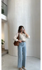 Ultra Yüksek Bel Kemerli Likralı Denim Jean Pantolon - Buz Mavisi - Kod: 1818