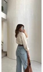 Ultra Yüksek Bel Kemerli Likralı Denim Jean Pantolon - Buz Mavisi - Kod: 1818