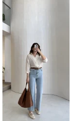 Ultra Yüksek Bel Kemerli Likralı Denim Jean Pantolon - Buz Mavisi - Kod: 1818