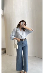 Ultra Yüksek Bel Kemerli Likralı Denim Jean Pantolon - Mavi - Kod: 1832