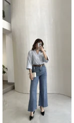 Ultra Yüksek Bel Kemerli Likralı Denim Jean Pantolon - Mavi - Kod: 1832