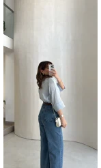 Ultra Yüksek Bel Kemerli Likralı Denim Jean Pantolon - Mavi - Kod: 1832