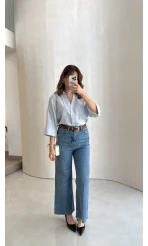 Ultra Yüksek Bel Kemerli Likralı Denim Jean Pantolon - Mavi - Kod: 1832