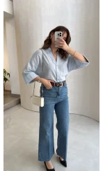 Ultra Yüksek Bel Kemerli Likralı Denim Jean Pantolon - Mavi - Kod: 1832