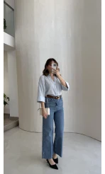 Ultra Yüksek Bel Kemerli Likralı Denim Jean Pantolon - Mavi - Kod: 1832