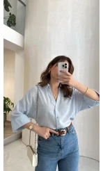 Şantuk Keten Kumaş Gömlek - Mavi - Kod: 2164