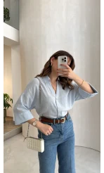 Şantuk Keten Kumaş Gömlek - Mavi - Kod: 2164