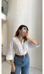 Şantuk Keten Kumaş Gömlek - Ekru - Kod: 2164