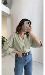 Şantuk Keten Kumaş Gömlek - Çağla - Kod: 2164