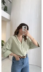 Şantuk Keten Kumaş Gömlek - Çağla - Kod: 2164