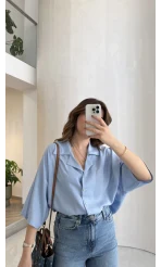 Keten Kumaş Gömlek - Bebe Mavisi - Kod: 4982