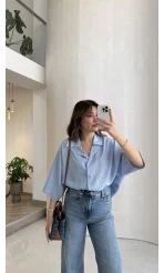 Keten Kumaş Gömlek - Bebe Mavisi - Kod: 4982