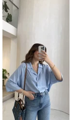 Keten Kumaş Gömlek - Bebe Mavisi - Kod: 4982