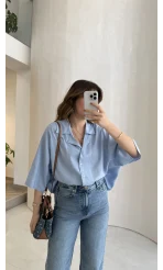 Keten Kumaş Gömlek - Bebe Mavisi - Kod: 4982