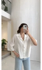 Keten Kumaş Gömlek - Beyaz - Kod: 4982
