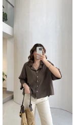 Keten Kumaş Gömlek - Kahve - Kod: 4982