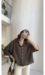 Keten Kumaş Gömlek - Kahve - Kod: 4982