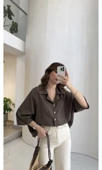 Keten Kumaş Gömlek - Kahve - Kod: 4982