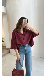 Keten Kumaş Gömlek - Bordo - Kod: 4982