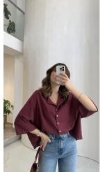 Keten Kumaş Gömlek - Bordo - Kod: 4982