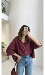 Keten Kumaş Gömlek - Bordo - Kod: 4982