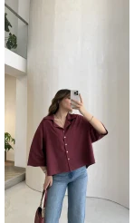 Keten Kumaş Gömlek - Bordo - Kod: 4982