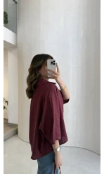 Keten Kumaş Gömlek - Bordo - Kod: 4982