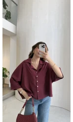 Keten Kumaş Gömlek - Bordo - Kod: 4982