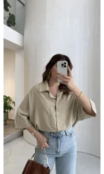 Keten Kumaş Gömlek - Taş - Kod: 4982