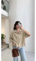 Keten Kumaş Gömlek - Taş - Kod: 4982