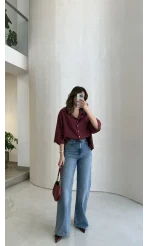 Lesi Yüksek Bel Straight Jean Pantolon - Mavi - Kod: 1014