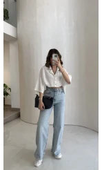 Lesi Yüksek Bel Straight Jean Pantolon - Buz Mavisi - Kod: 1006