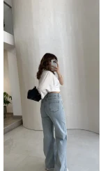 Lesi Yüksek Bel Straight Jean Pantolon - Buz Mavisi - Kod: 1006