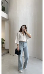 Lesi Yüksek Bel Straight Jean Pantolon - Buz Mavisi - Kod: 1006