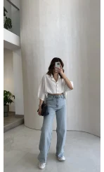 Lesi Yüksek Bel Straight Jean Pantolon - Buz Mavisi - Kod: 1006