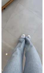 Lesi Yüksek Bel Straight Jean Pantolon - Buz Mavisi - Kod: 1006