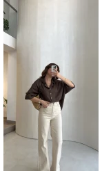 Lesi Yüksek Bel Straight Jean Pantolon - Krem - Kod: 1840