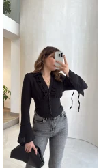 Bele Oturan Fırfırlı Gömlek - Siyah - Kod: 0983