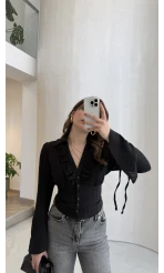 Bele Oturan Fırfırlı Gömlek - Siyah - Kod: 0983