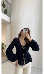 Petra Bebe Yaka Bağlamalı Bluz - Lacivert - Kod: 1051