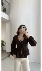 Petra Bebe Yaka Bağlamalı Bluz - Acı Kahve - Kod: 1051
