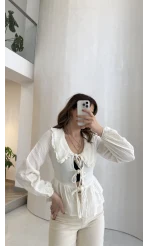 Petra Bebe Yaka Bağlamalı Bluz - Beyaz - Kod: 1051