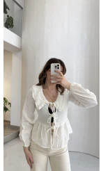 Petra Bebe Yaka Bağlamalı Bluz - Beyaz - Kod: 1051