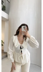 Petra Bebe Yaka Bağlamalı Bluz - Beyaz - Kod: 1051