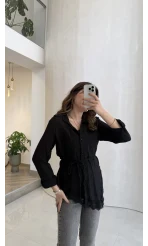 Bağlamalı Dantel Detay Çizgili İçi Askılı Body Gömlek - Siyah - Kod: 39290