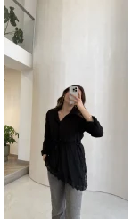 Bağlamalı Dantel Detay Çizgili İçi Askılı Body Gömlek - Siyah - Kod: 39290