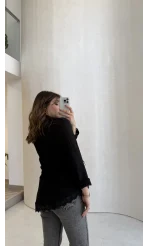 Bağlamalı Dantel Detay Çizgili İçi Askılı Body Gömlek - Siyah - Kod: 39290